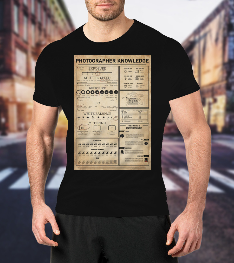 Photographer Knowledge Exposure Shutter Speed Aperture ISO White Balance Metering Concert Photography Guide T-Shirt