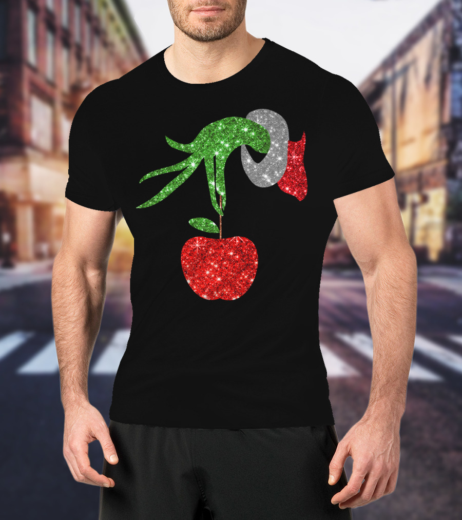 Green Grinch Hand Holding Shiny Red Apple T-Shirt