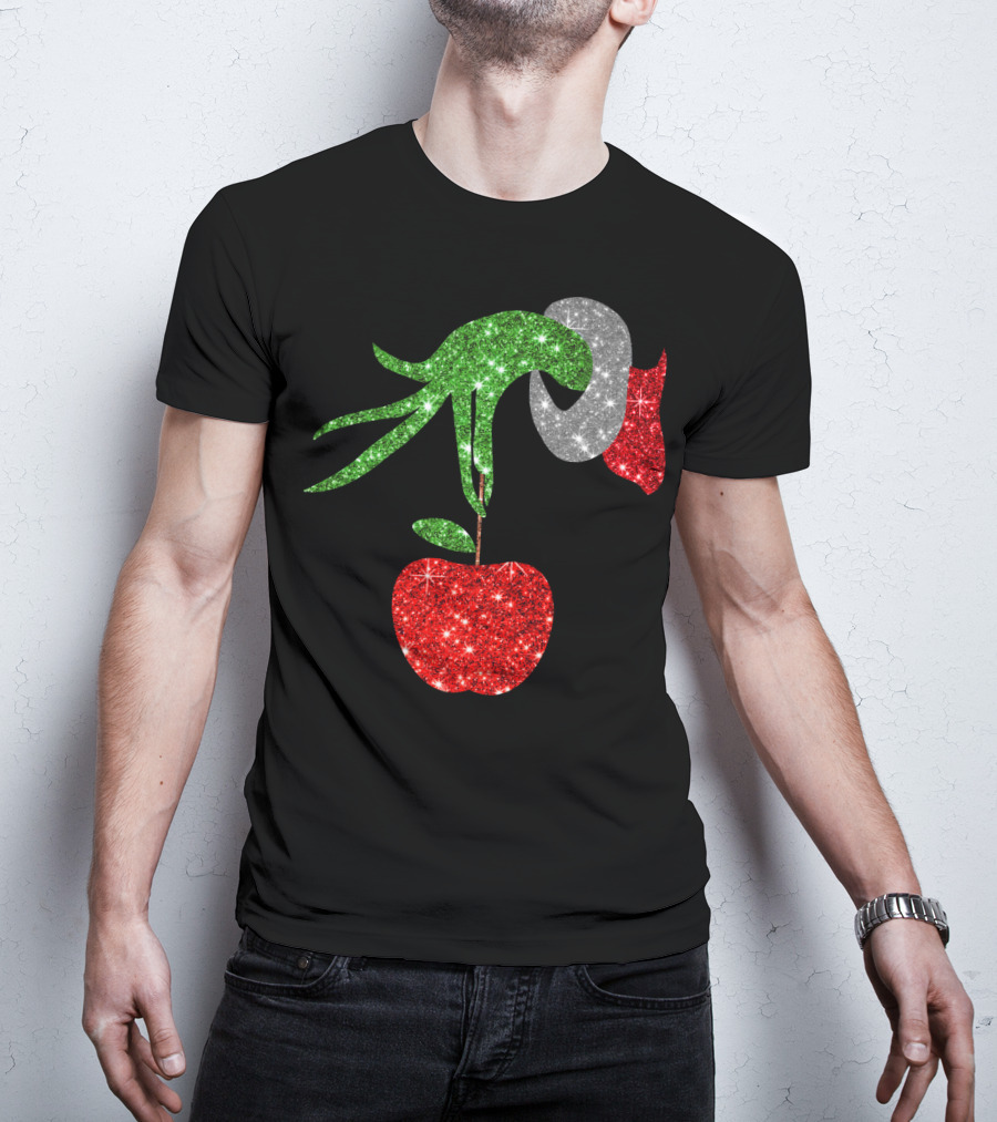 Green Grinch Hand Holding Shiny Red Apple T-Shirt