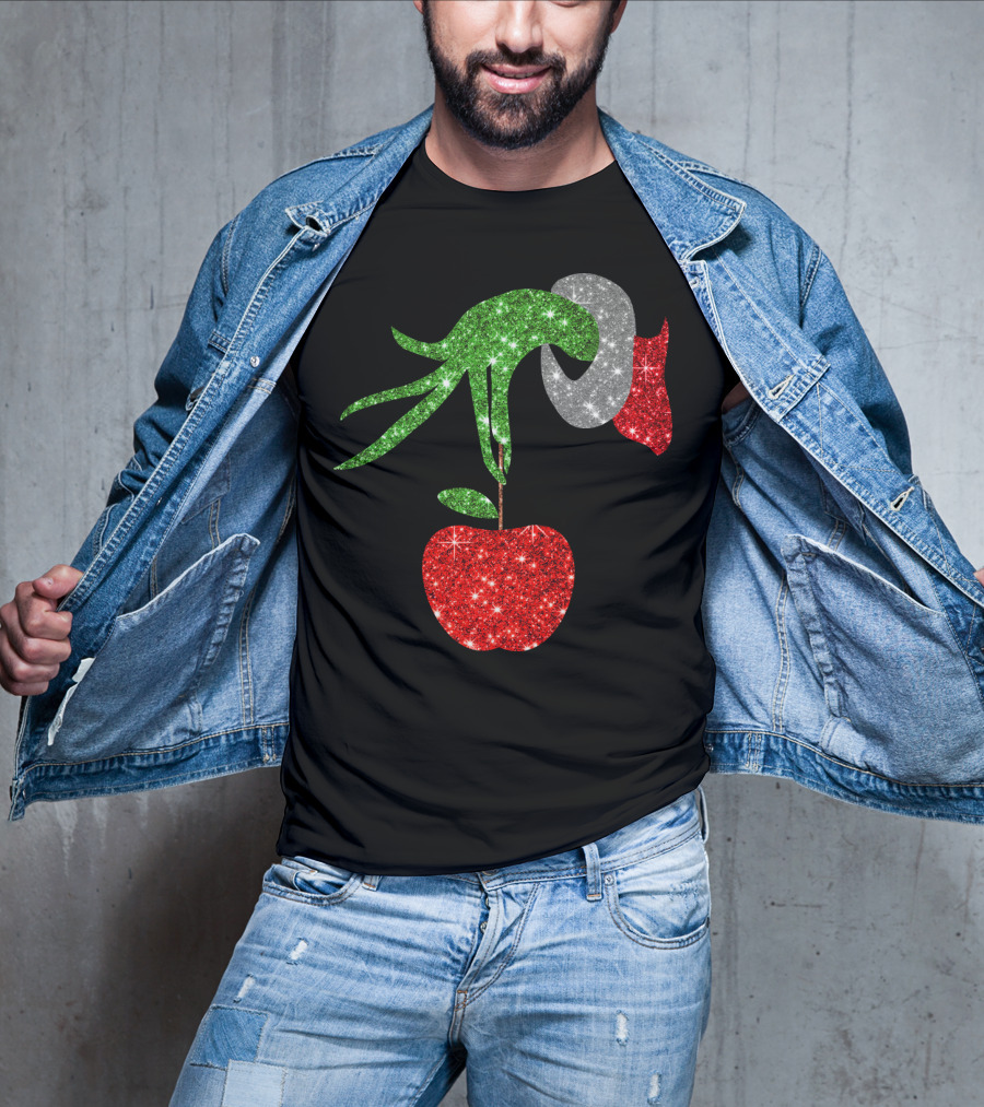 Green Grinch Hand Holding Shiny Red Apple T-Shirt