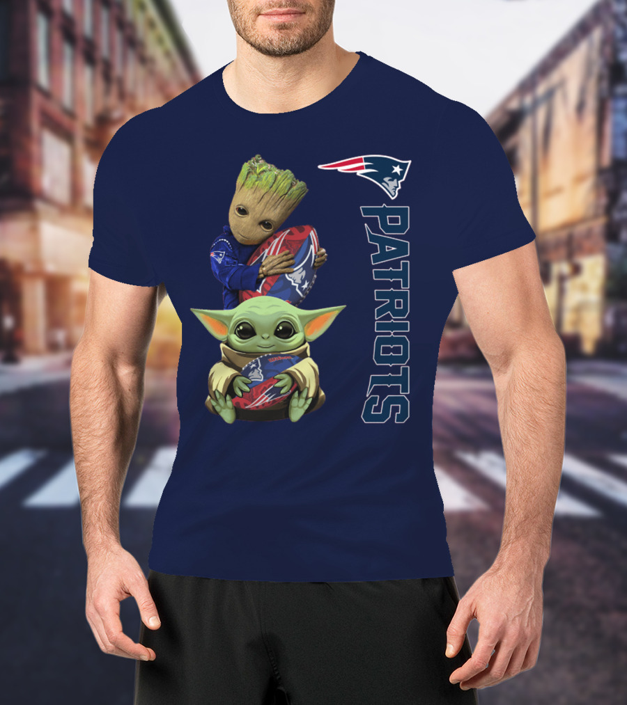 Patriots Groot And Baby Yoda With New England Football T-Shirt