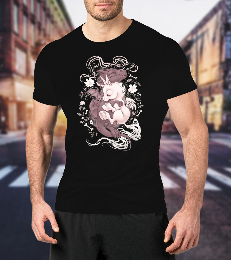 Dragon Unicorn Sleeping Embrace With Flowers And Bones T-Shirt