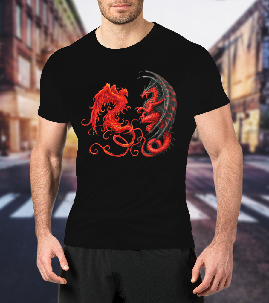 Dragon And Phoenix Symbols IN Red And Black Encounter T-Shirt