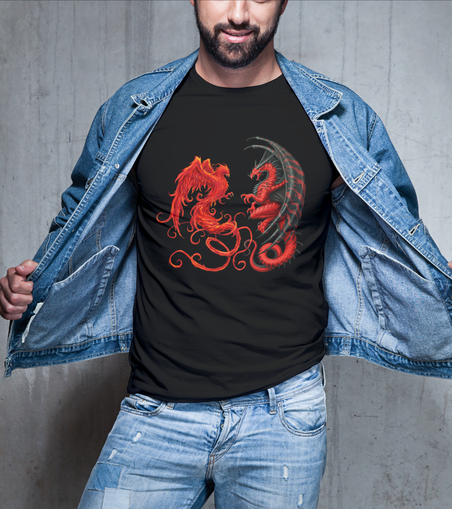 Dragon And Phoenix Symbols IN Red And Black Encounter T-Shirt