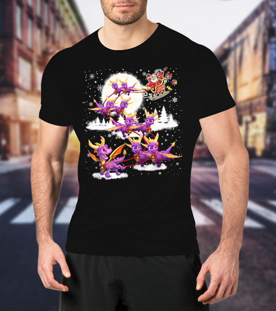 Santa's Sleigh Pulled By Purple Dragon Reindeer T-Shirt