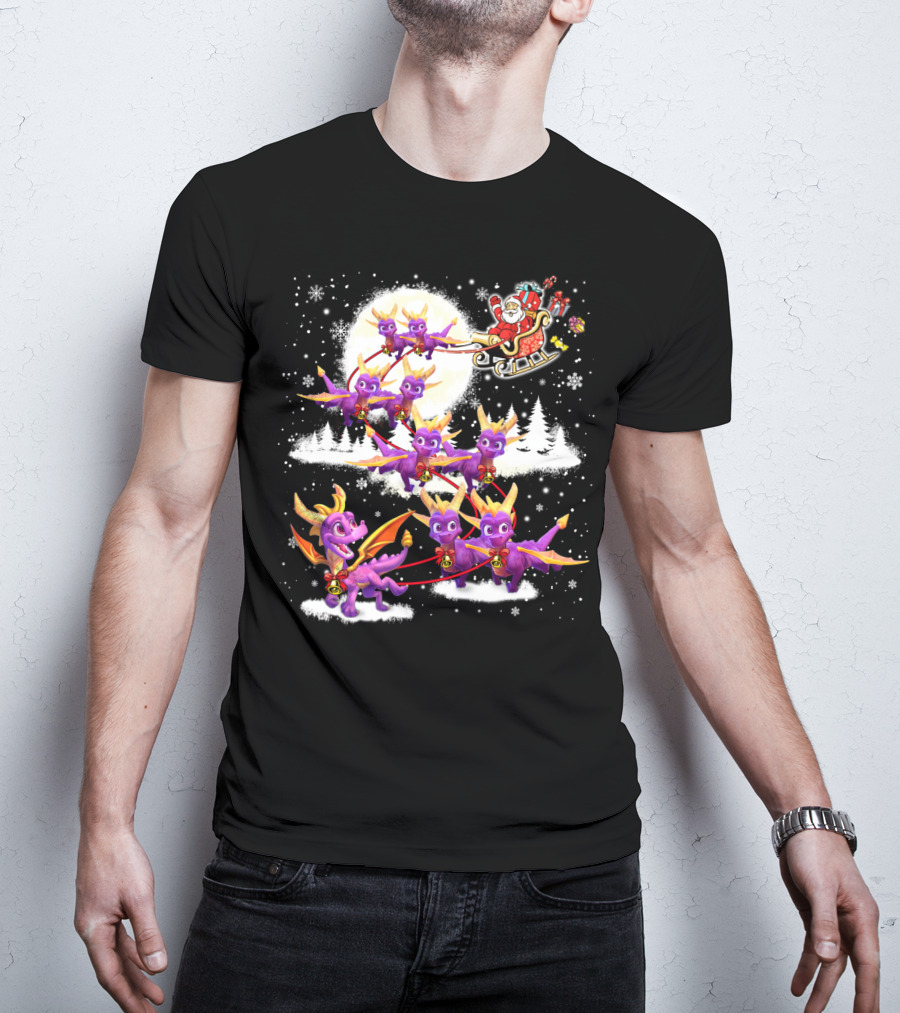 Santa's Sleigh Pulled By Purple Dragon Reindeer T-Shirt