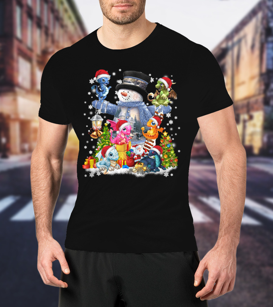 Dragons Play With Snowman IN Christmas Scene T-Shirt