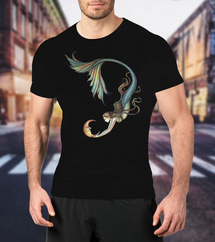 Mermaid Embrace With Smiling Crescent Moon T-Shirt