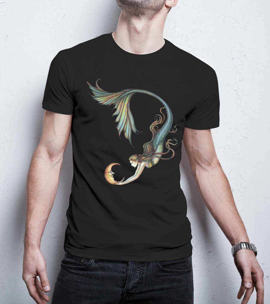 Mermaid Embrace With Smiling Crescent Moon T-Shirt