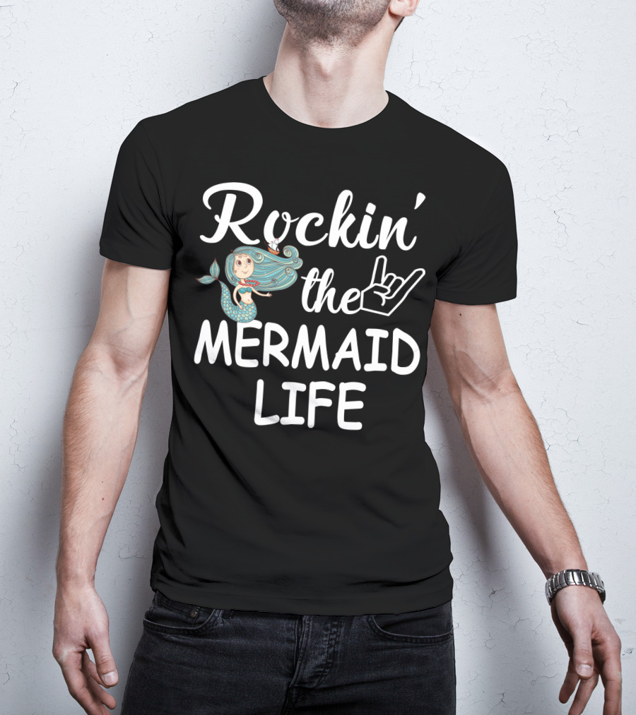 Rockin' The Mermaid Life With Hand Sign And Cartoon Mermaid T-Shirt