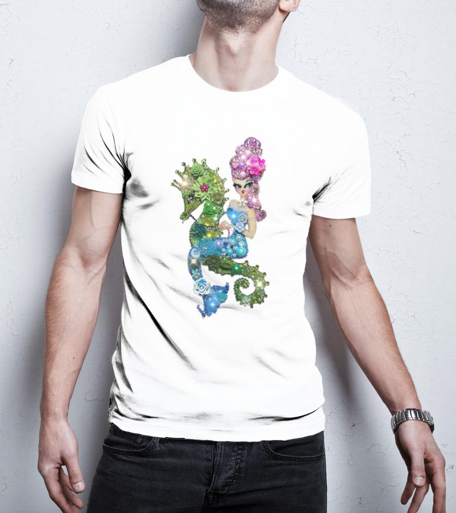 Mermaid Riding A Seahorse Jewel Embellished Fantasy Creature T-Shirt