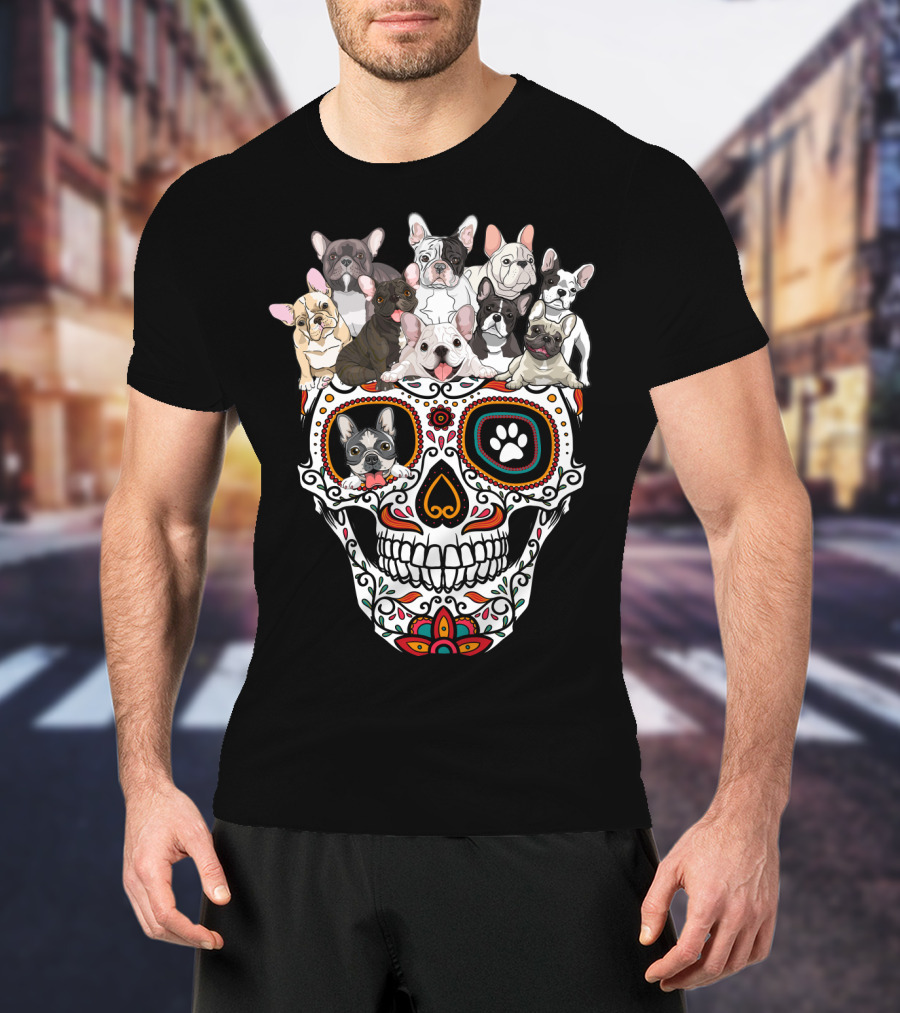 Skull Sugar French Bulldog Día De Los Muertos T-Shirt