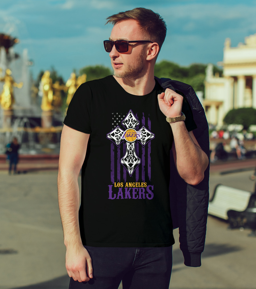 Los Angeles Lakers American Flag Purple Cross T-Shirt