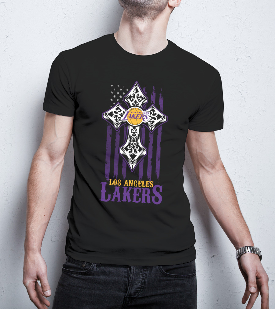 Los Angeles Lakers American Flag Purple Cross T-Shirt