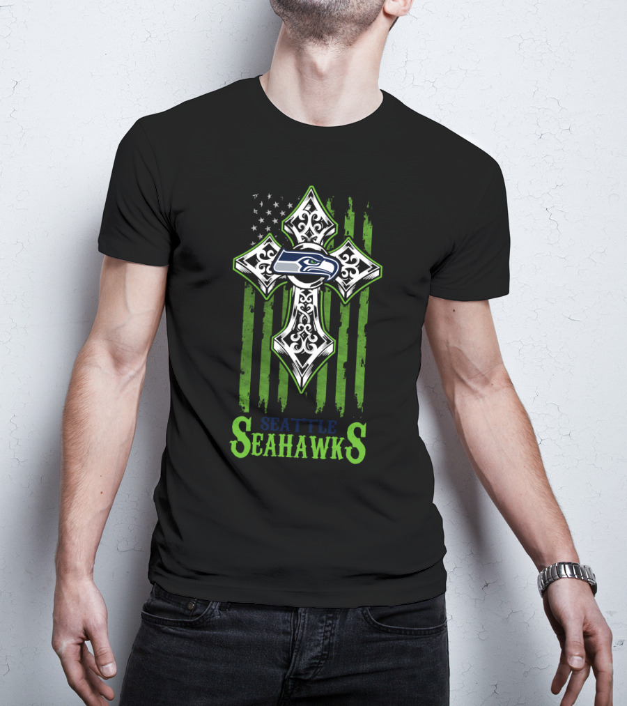 Seattle Seahawks Cross With American Flag Elements T-Shirt