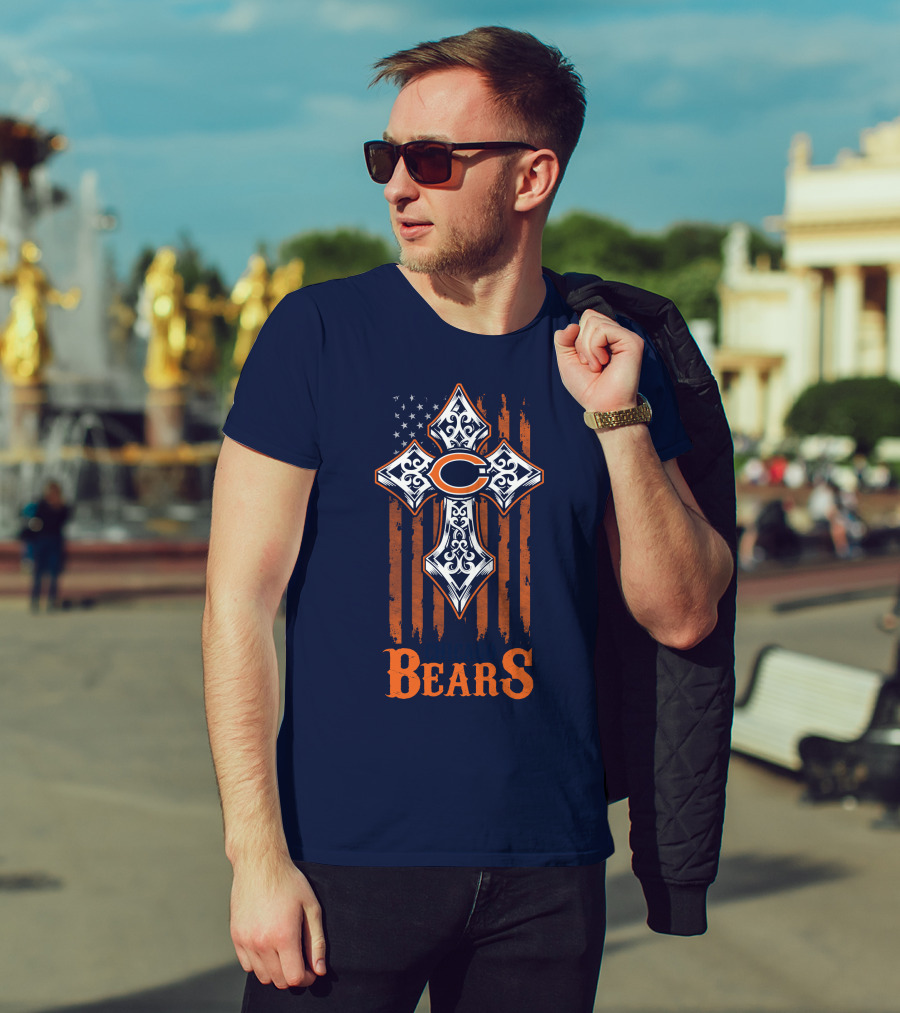 Chicago Bears Cross With American Flag Stripes T-Shirt
