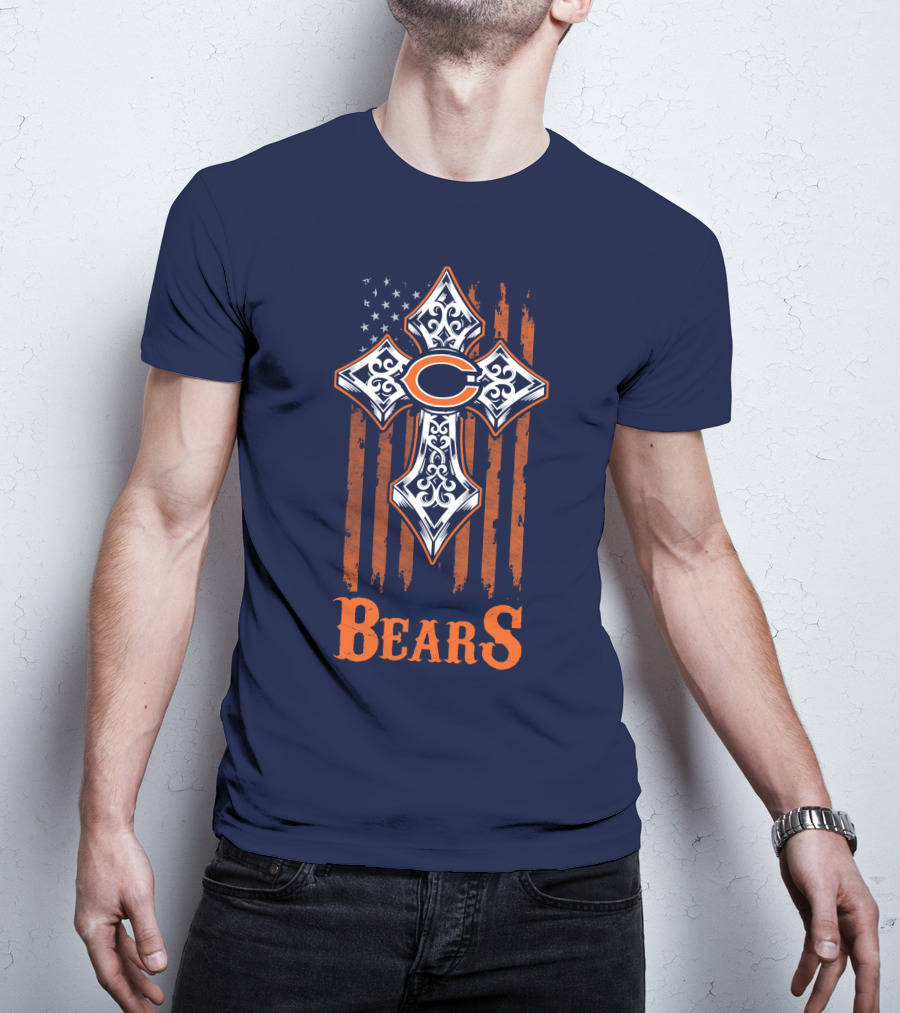 Chicago Bears Cross With American Flag Stripes T-Shirt