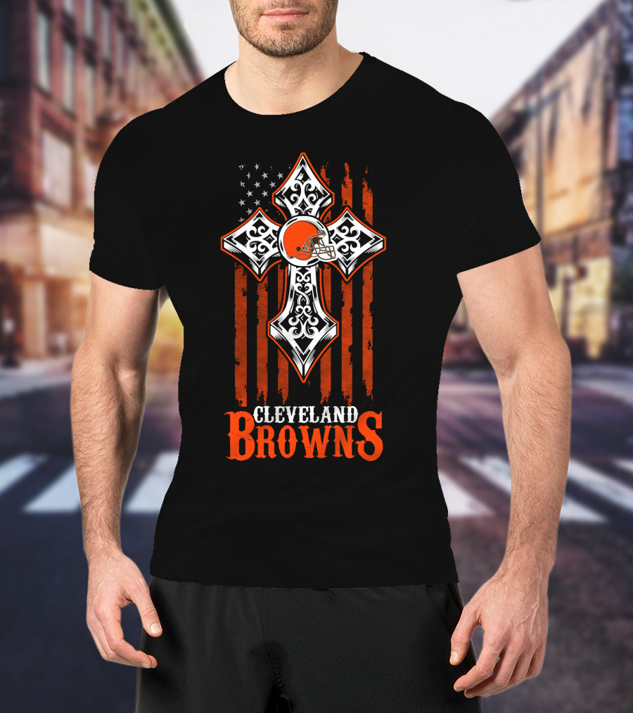 Cleveland Browns Cross And Helmet American Flag T-Shirt