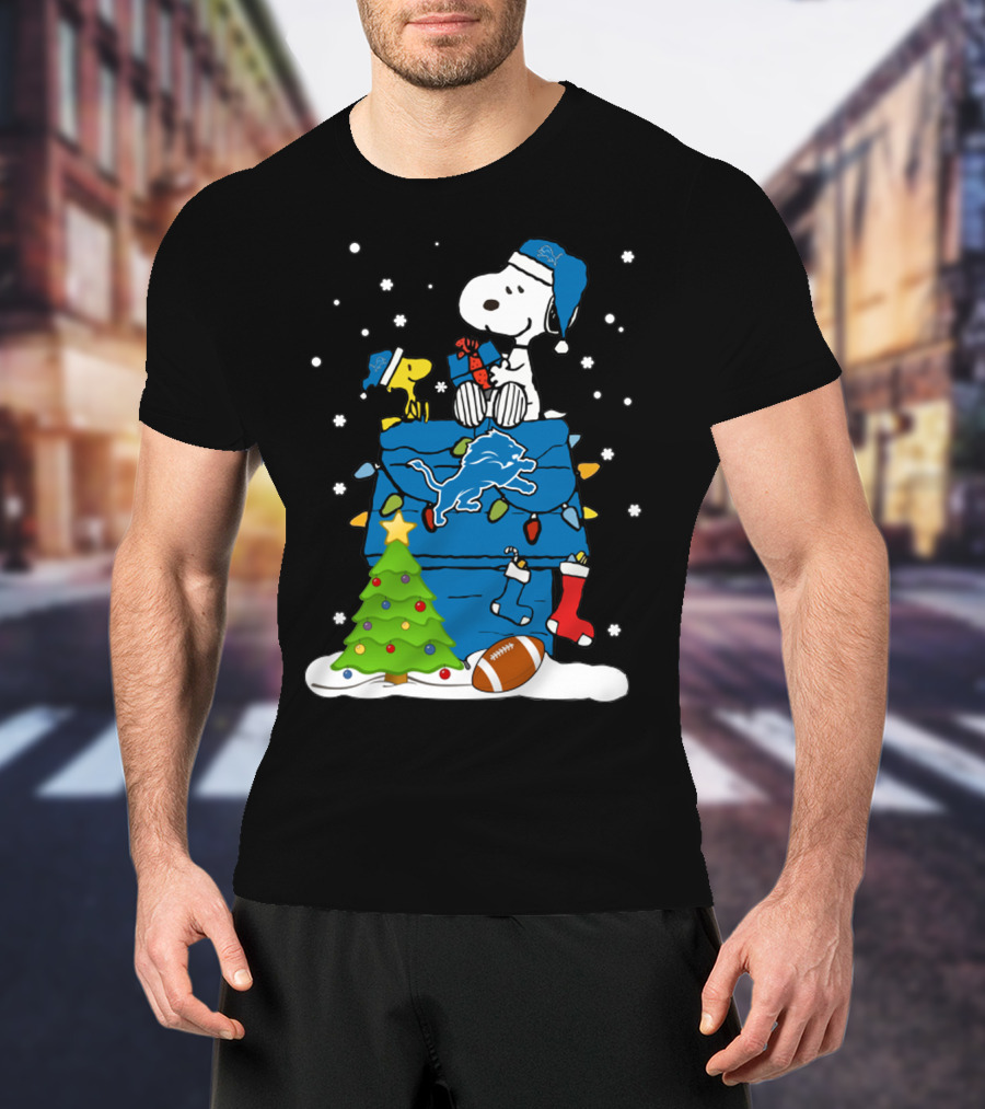 Detroit Lions Snoopy Christmas Football House With Tree And Stockings T-Shirt