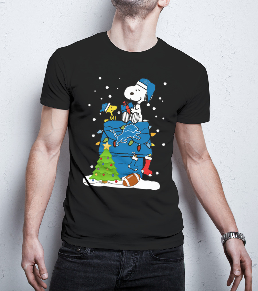 Detroit Lions Snoopy Christmas Football House With Tree And Stockings T-Shirt