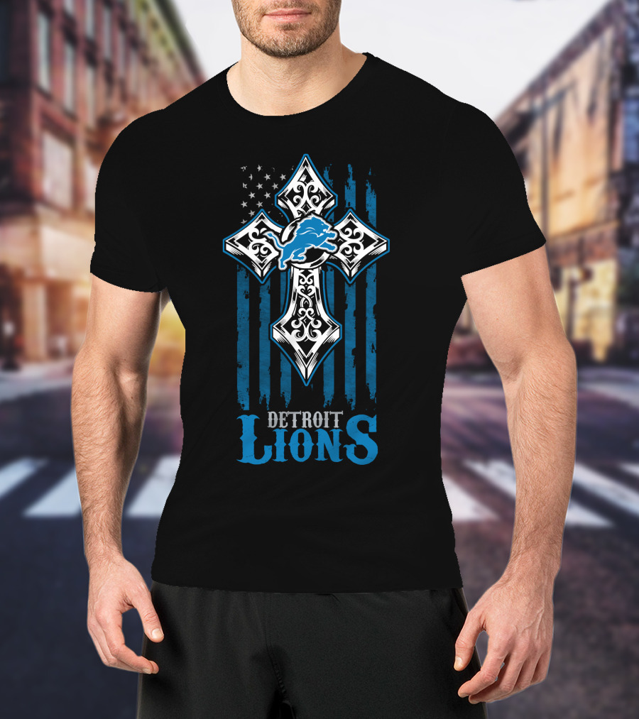 Detroit Lions Cross And Flag Design With Blue Lion T-Shirt