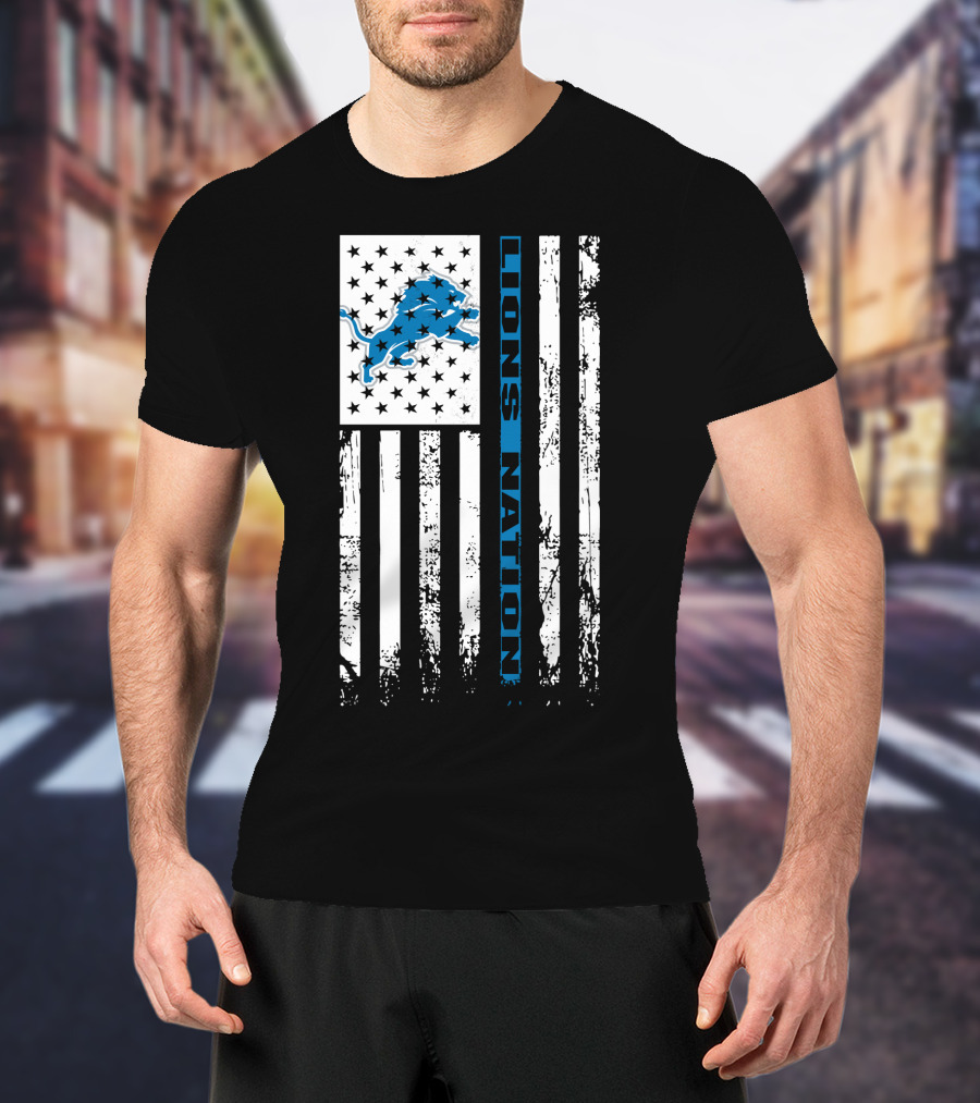 Detroit Lions Nation Flag Design With Blue Lion And Stars T-Shirt