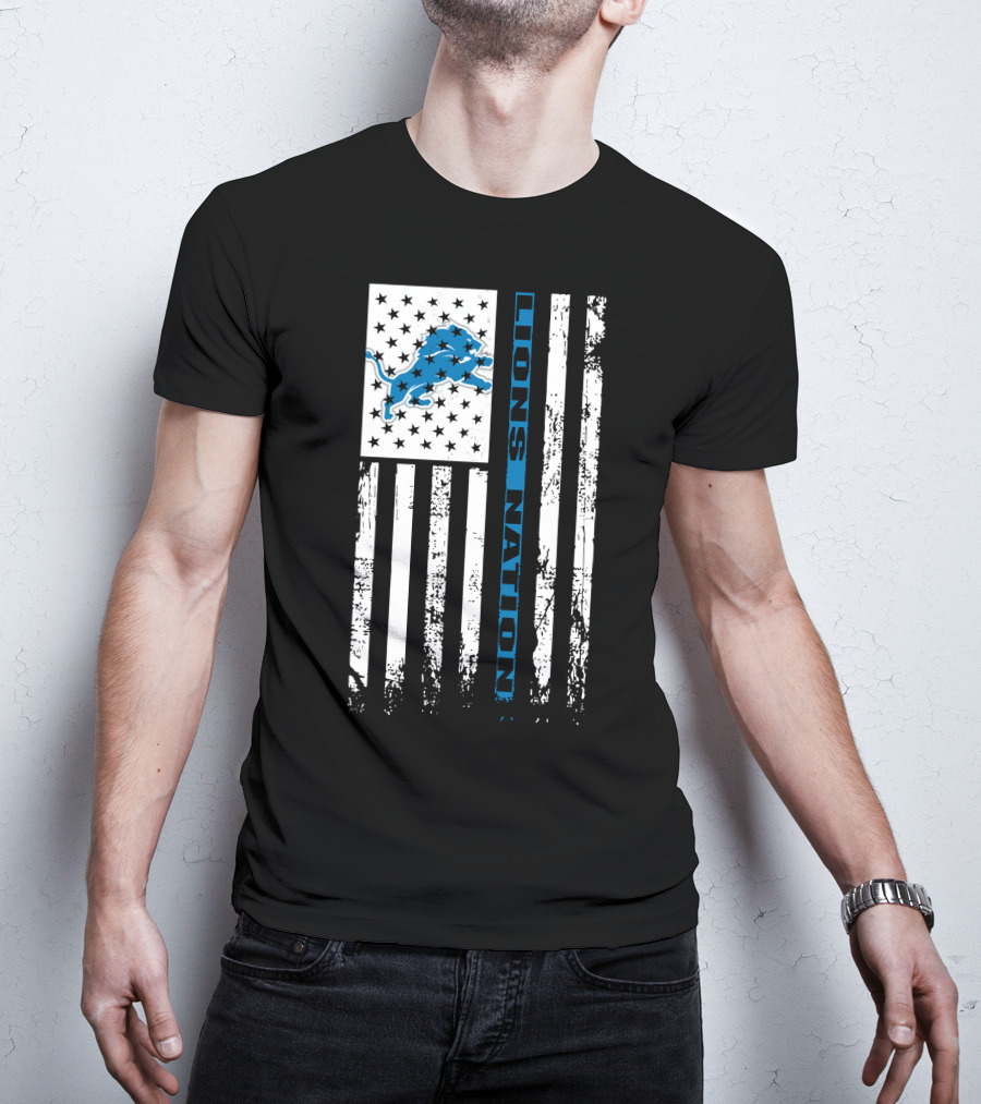 Detroit Lions Nation Flag Design With Blue Lion And Stars T-Shirt