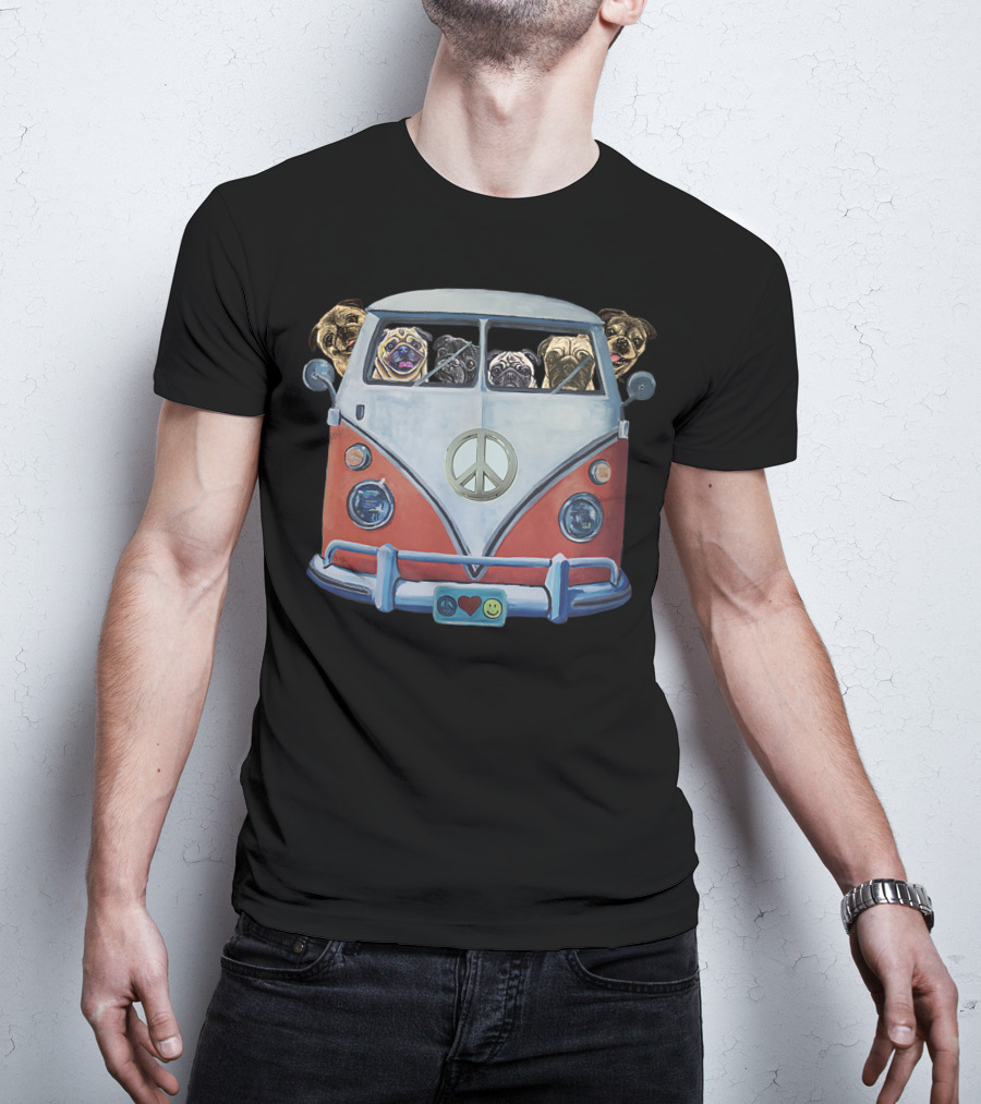 Pug Faces In Iconic Hippie Van With Peace Symbol And Love Smile Elements T-Shirt