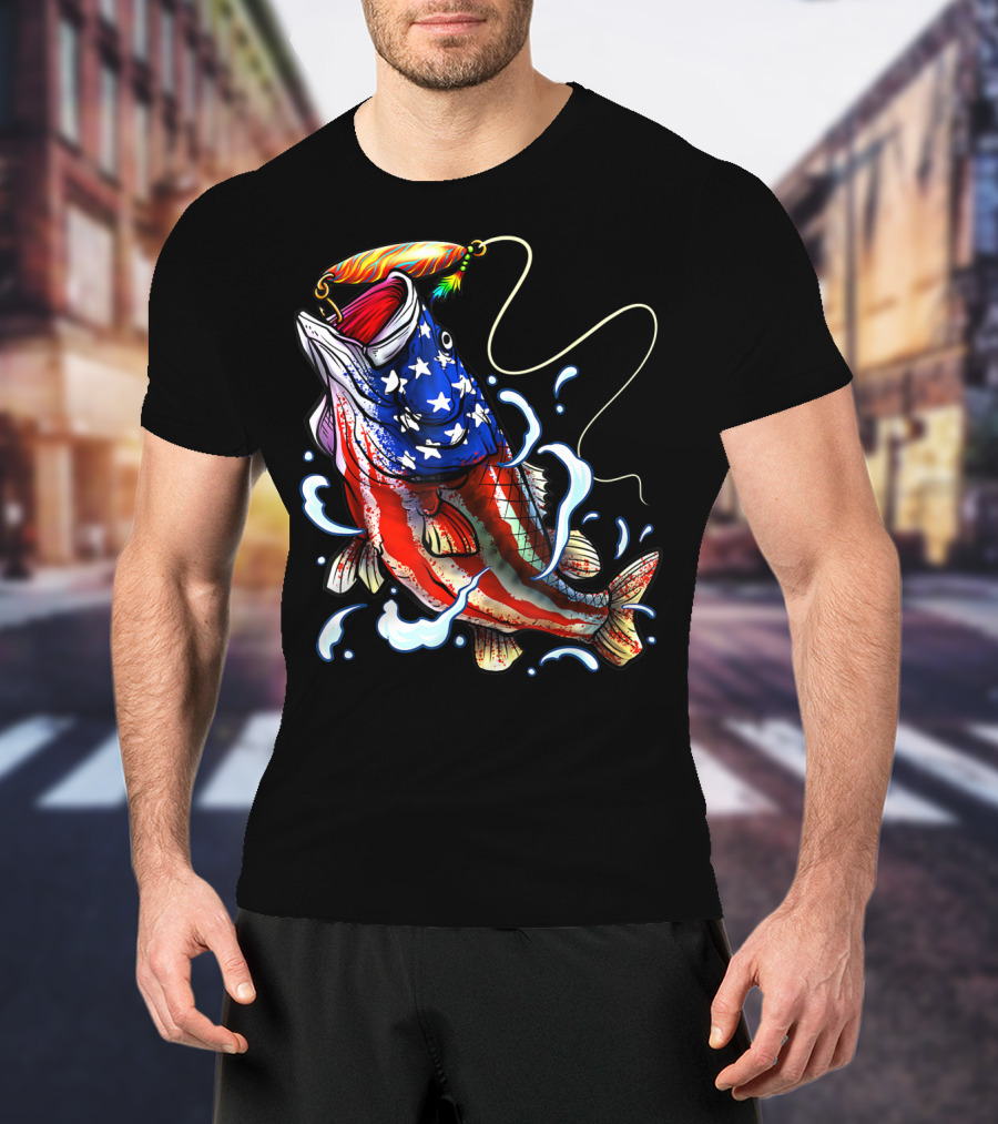 Bass Fishing Angler Dad With American Flag T-Shirt