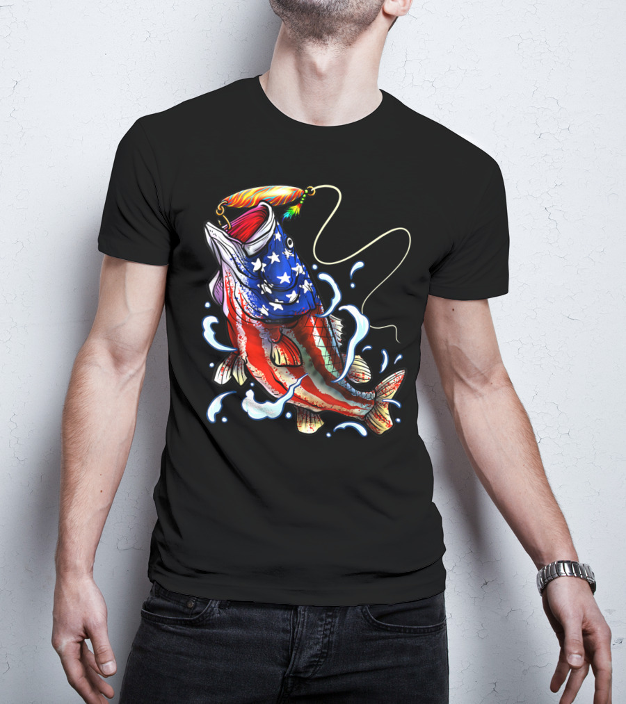 Bass Fishing Angler Dad With American Flag T-Shirt