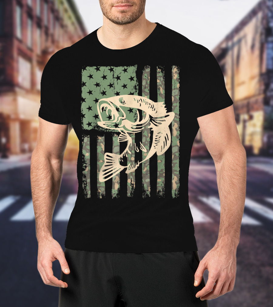 Camouflage USA Flag Big Mouth Bass Fishing T-Shirt