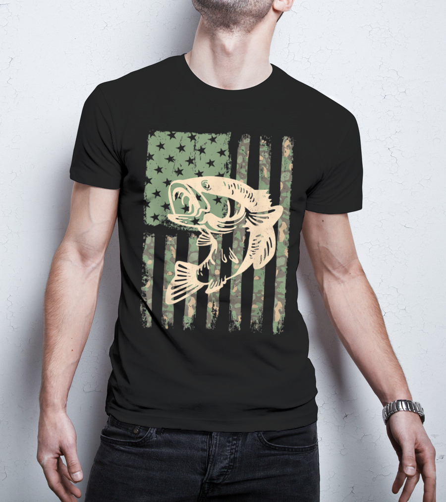 Camouflage USA Flag Big Mouth Bass Fishing T-Shirt