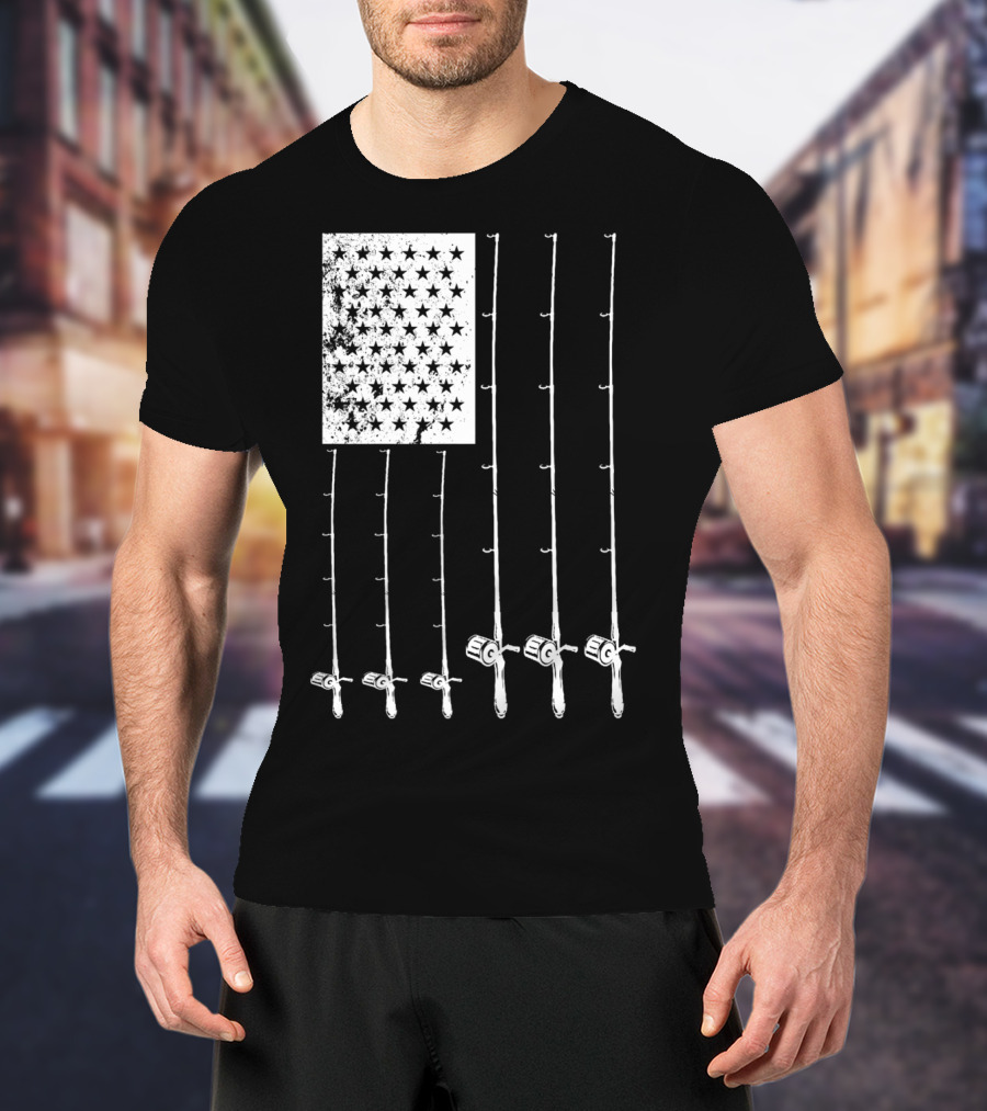 Fishing Rods American Flag Stars T-Shirt