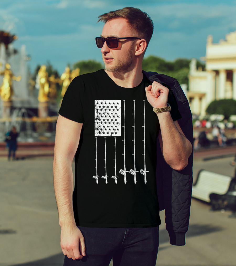 Fishing Rods American Flag Stars T-Shirt