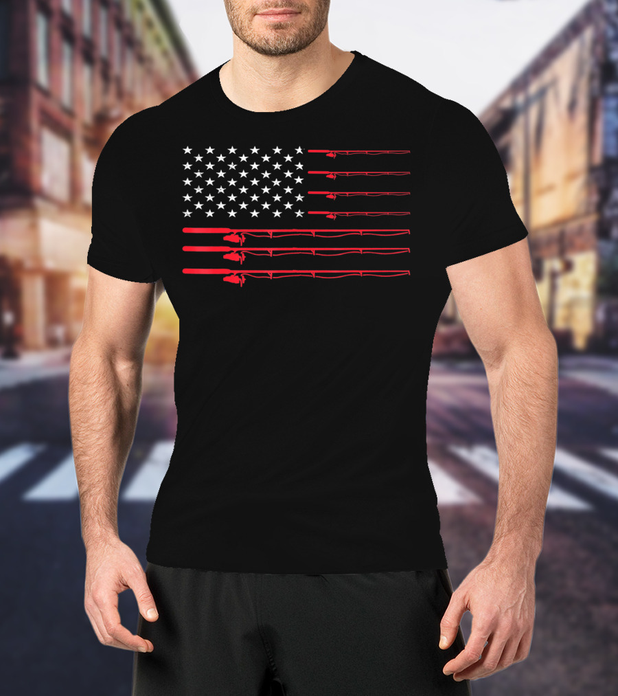 American USA Flag Fishing Rods Fisherman T-Shirt