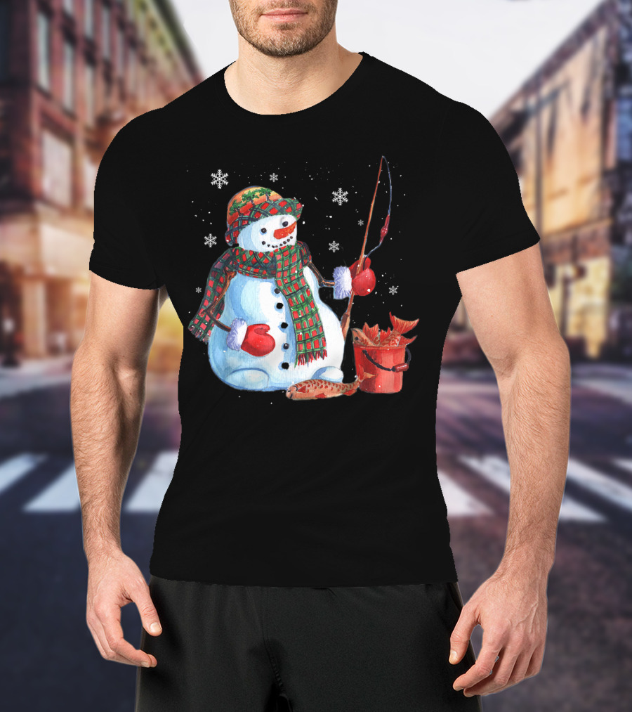 Merry Christmas Fishing Snowman With Fish And Snowflakes For Fishing Lovers T-Shirt