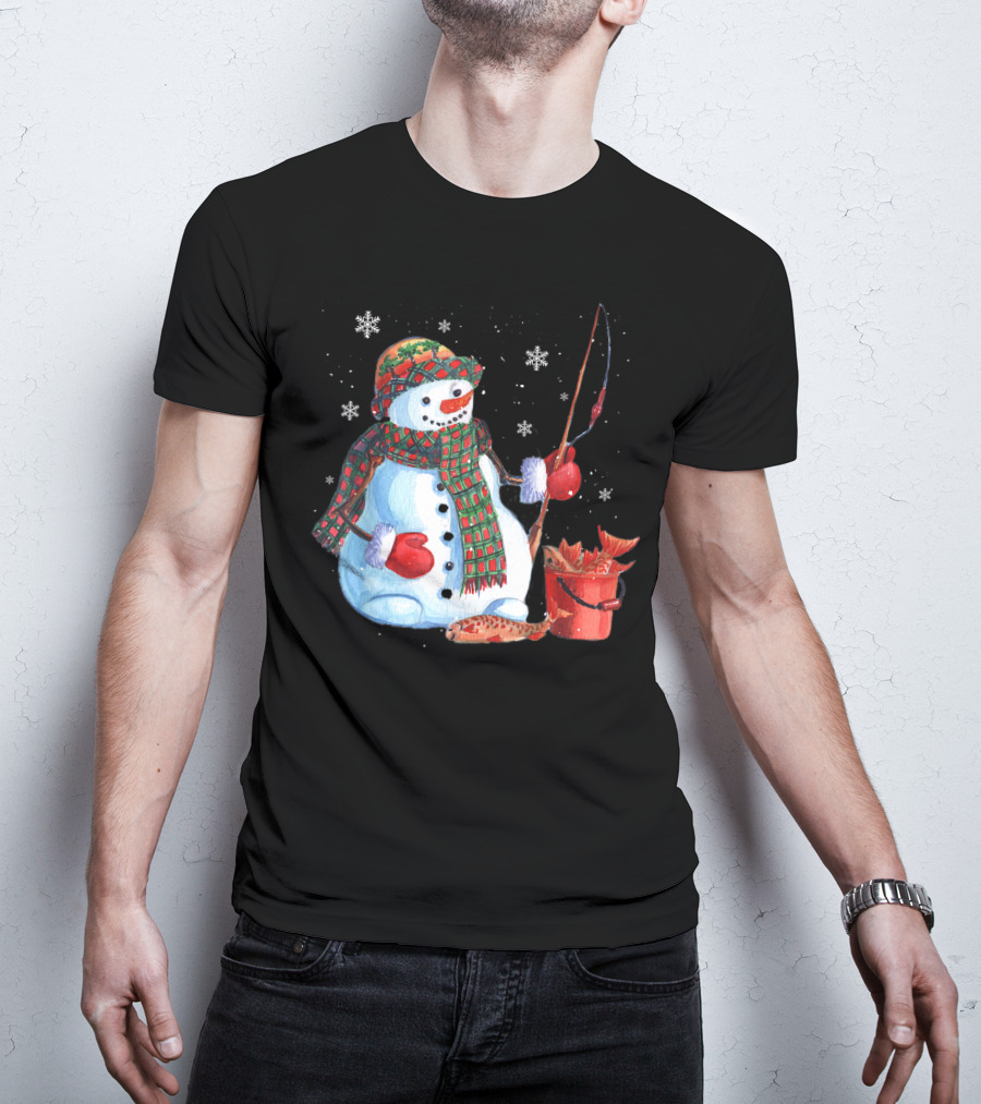 Merry Christmas Fishing Snowman With Fish And Snowflakes For Fishing Lovers T-Shirt