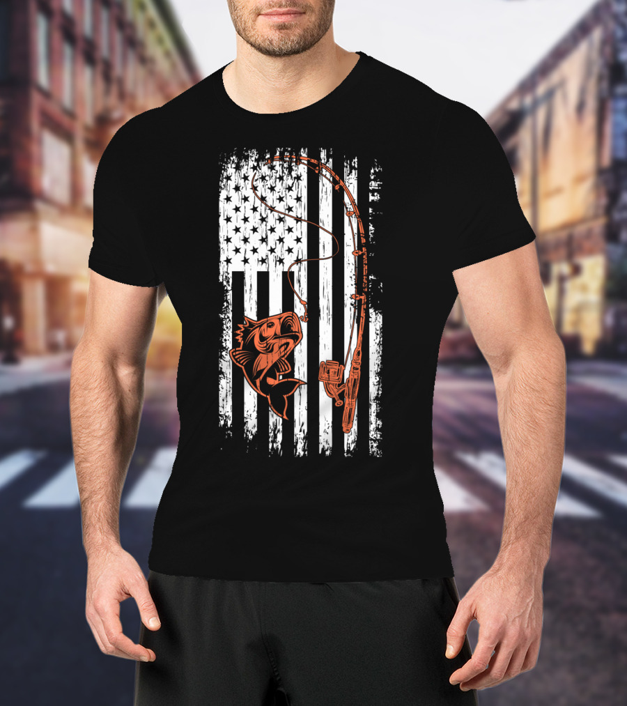 USA Fishing Flag Bass And Rod American Flag T-Shirt