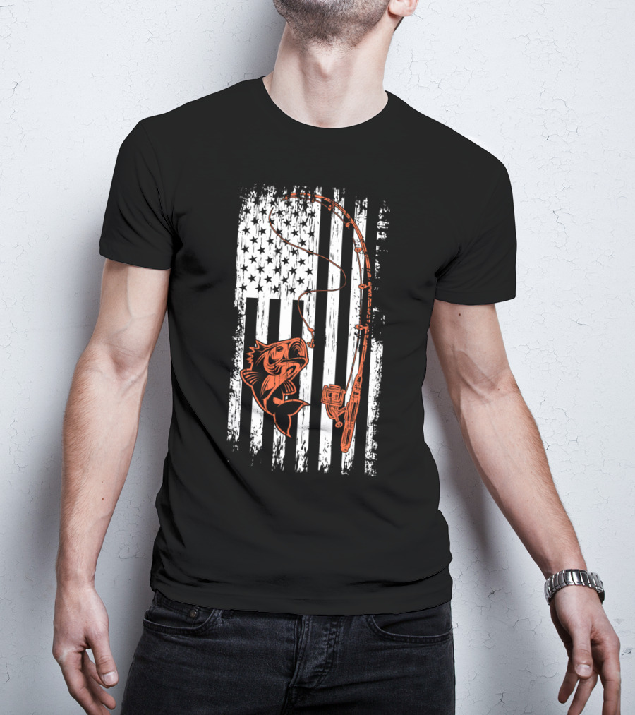 USA Fishing Flag Bass And Rod American Flag T-Shirt