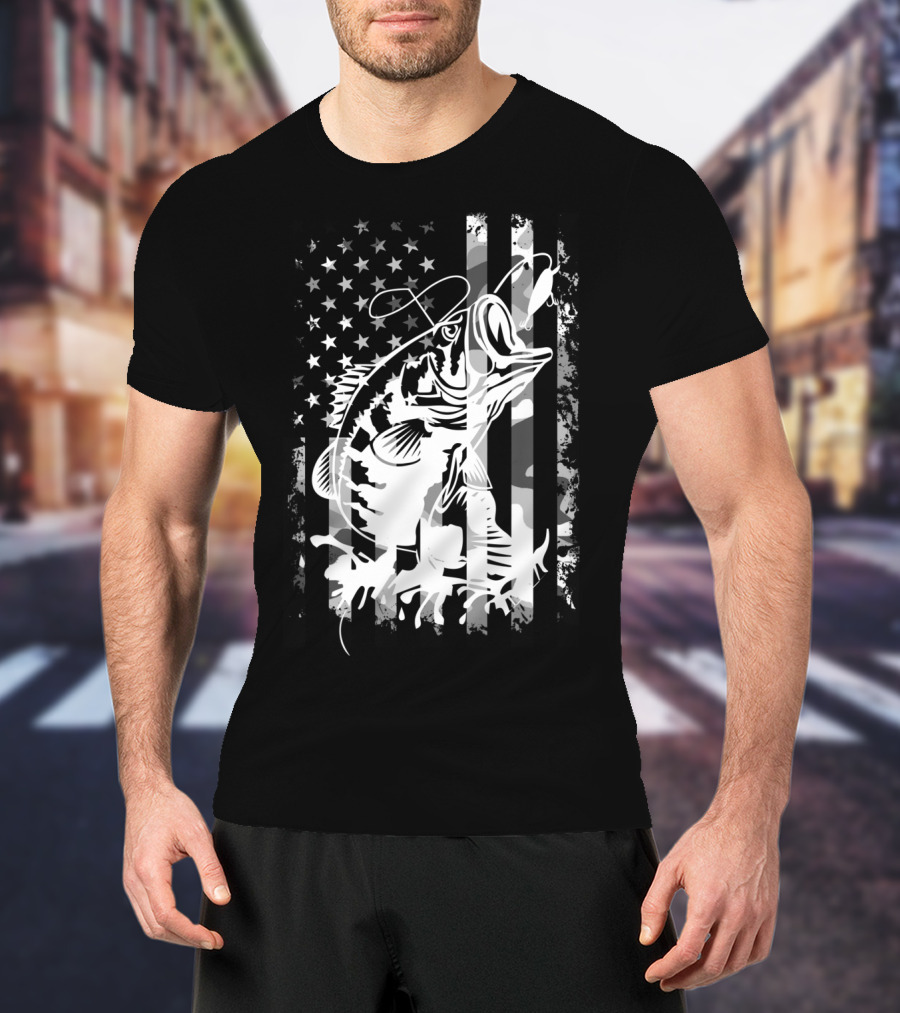 USA Flag Camouflage Bass Fishing T-Shirt