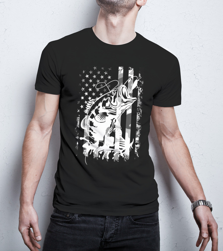 USA Flag Camouflage Bass Fishing T-Shirt