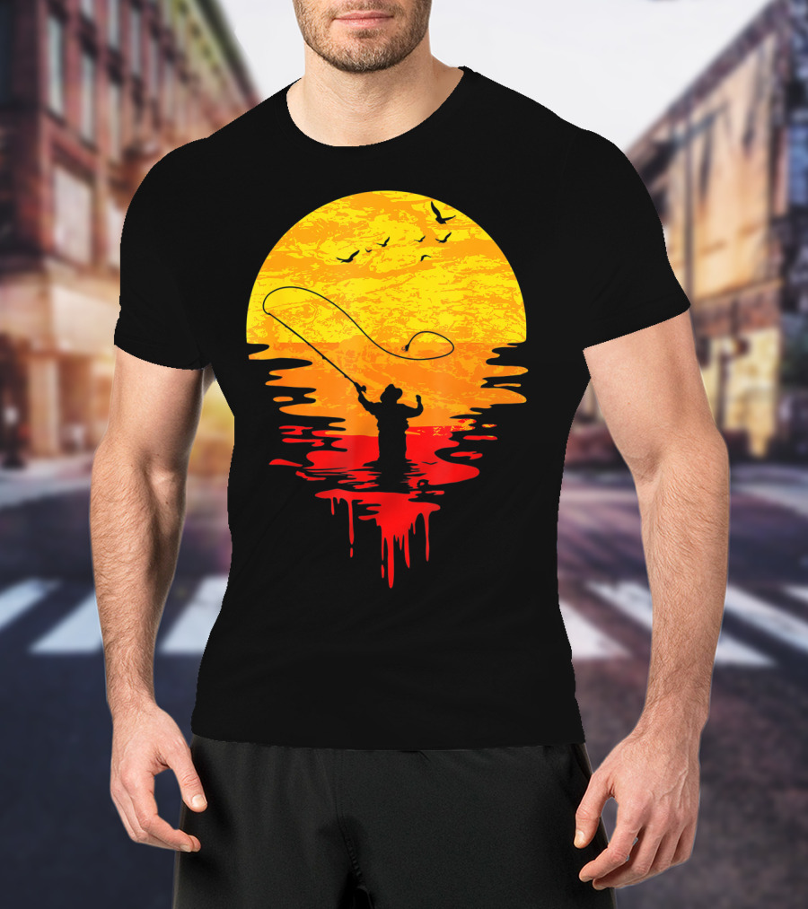 Fly Fishing At Sunset Vintage Style Silhouette With Birds T-Shirt