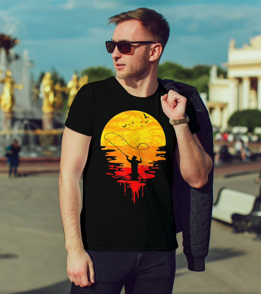 Fly Fishing At Sunset Vintage Style Silhouette With Birds T-Shirt