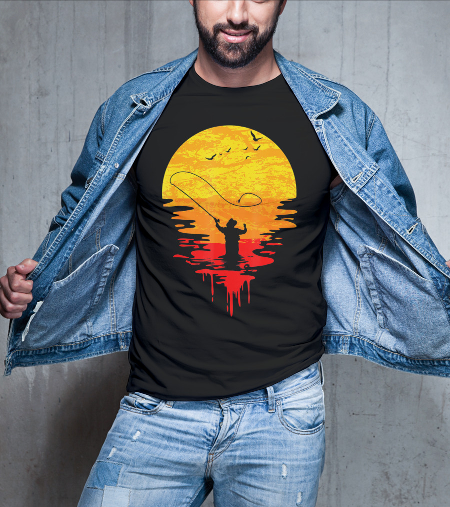 Fly Fishing At Sunset Vintage Style Silhouette With Birds T-Shirt