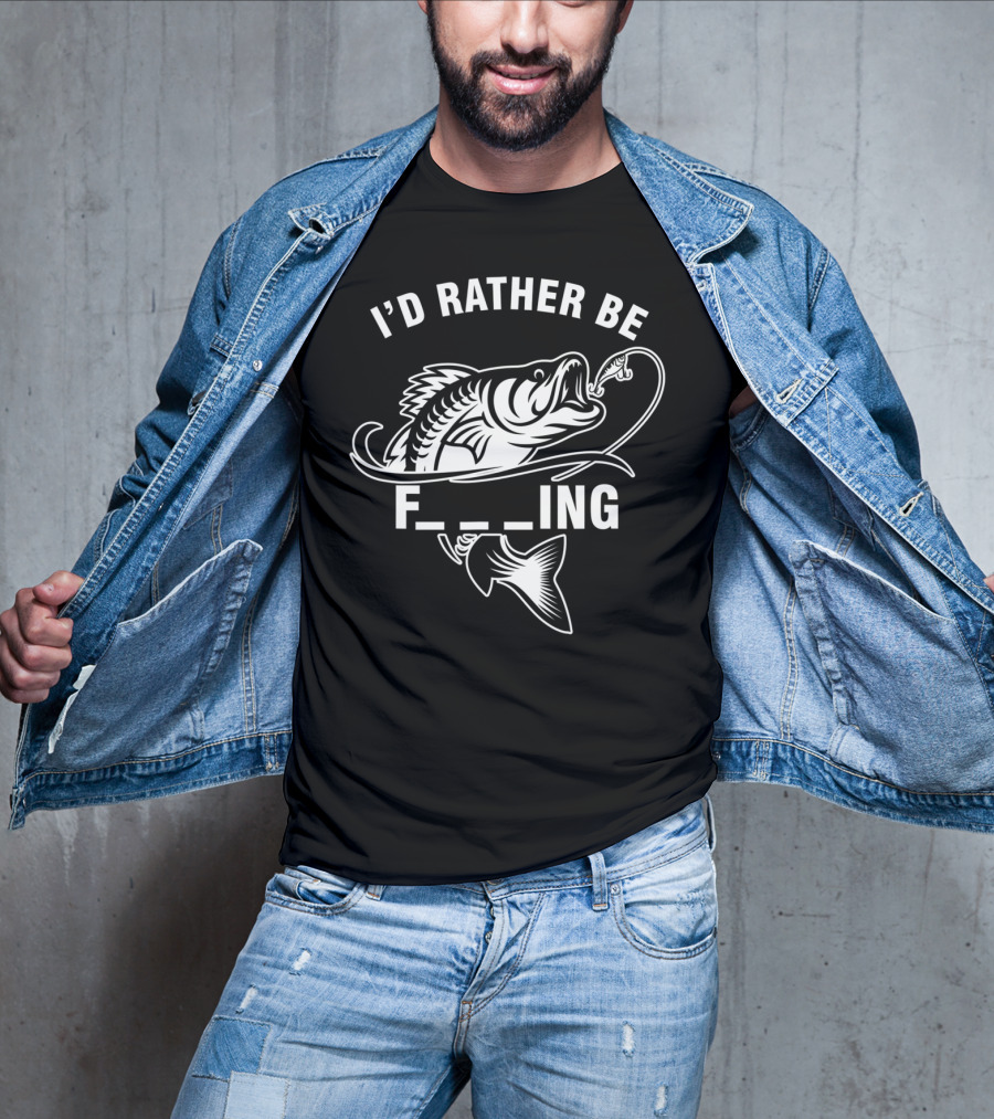 I'd Rather Be Fishing Funny Fisherman Puns With Fishing Hook And Big Fish T-Shirt