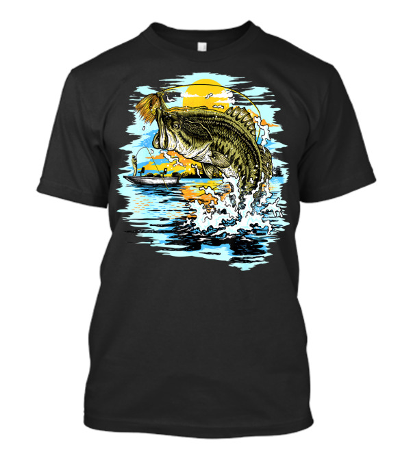 Large Mouth Bass Catching Fly Fishing Adventure In Scenic Lake Sunrise T-Shirt