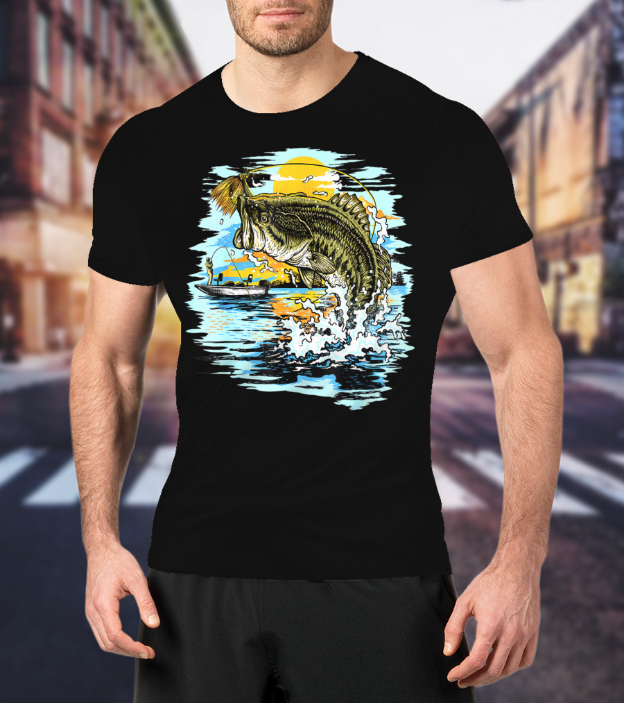 Large Mouth Bass Catching Fly Fishing Adventure In Scenic Lake Sunrise T-Shirt