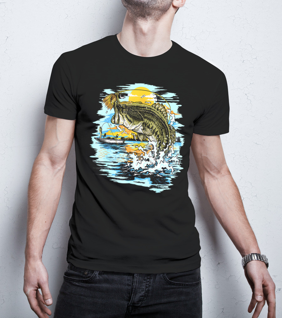 Large Mouth Bass Catching Fly Fishing Adventure In Scenic Lake Sunrise T-Shirt