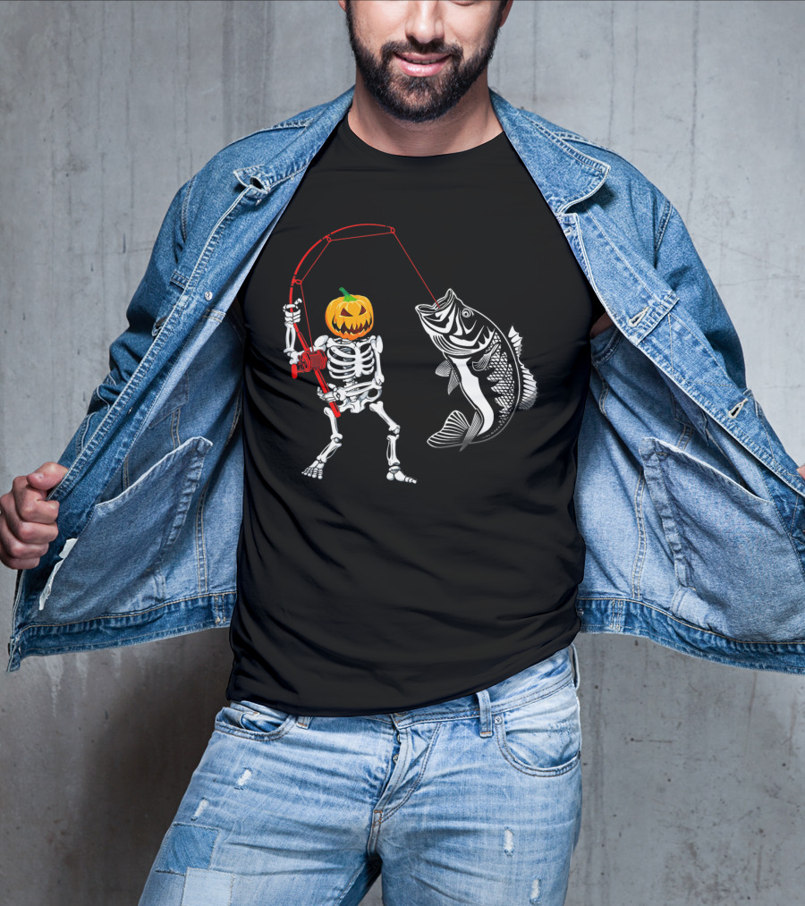 Halloween Pumpkin Skeleton Fishing With Bass Catch T-Shirt
