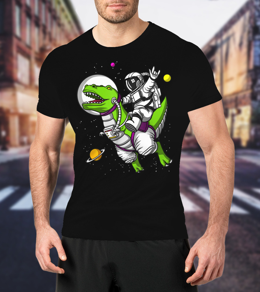 Astronaut Riding TRex Dinosaur In Outer Space With Planets T-Shirt